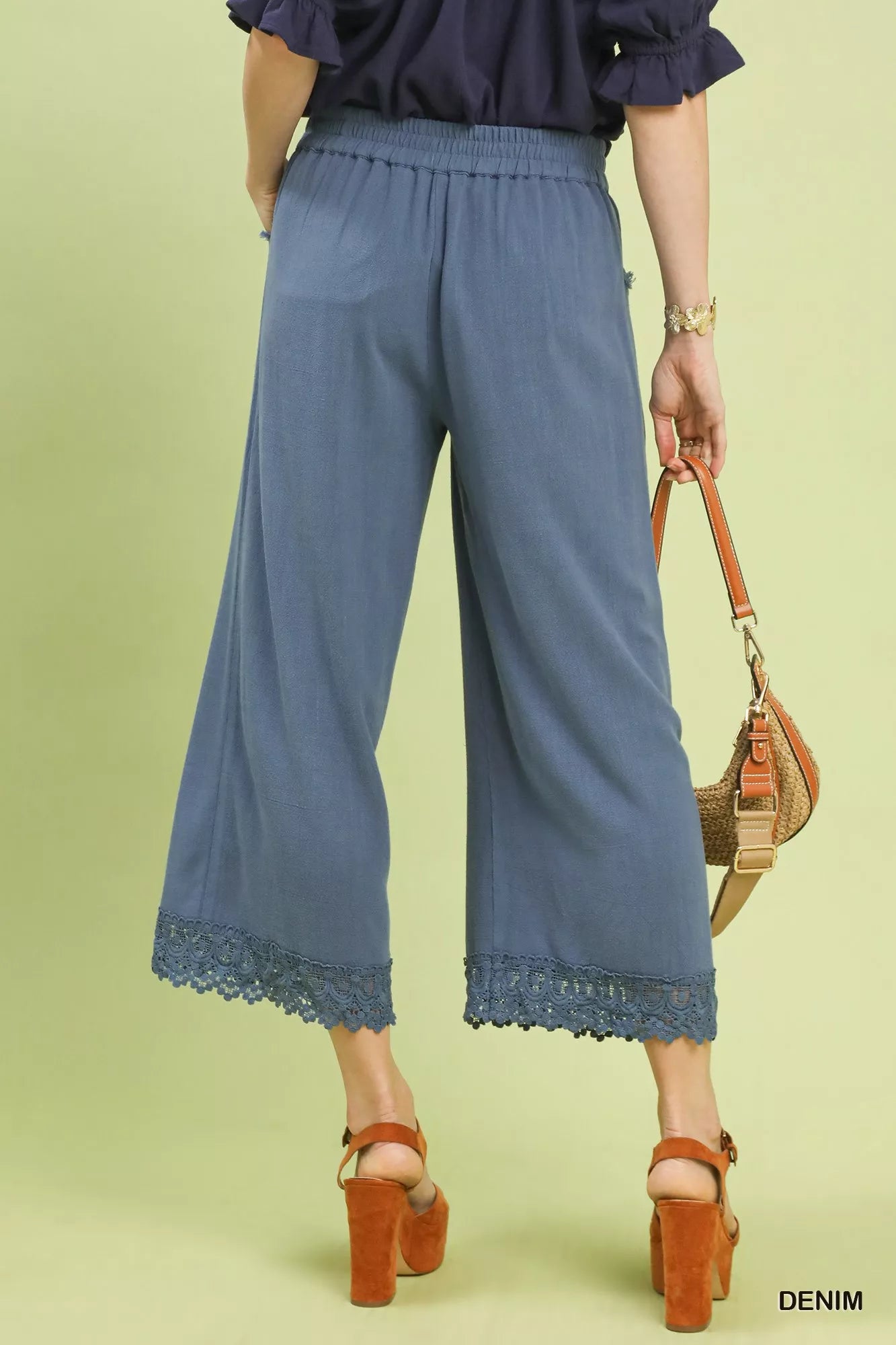 Umgee linen wide leg cropped pants in blue denim with lace trim