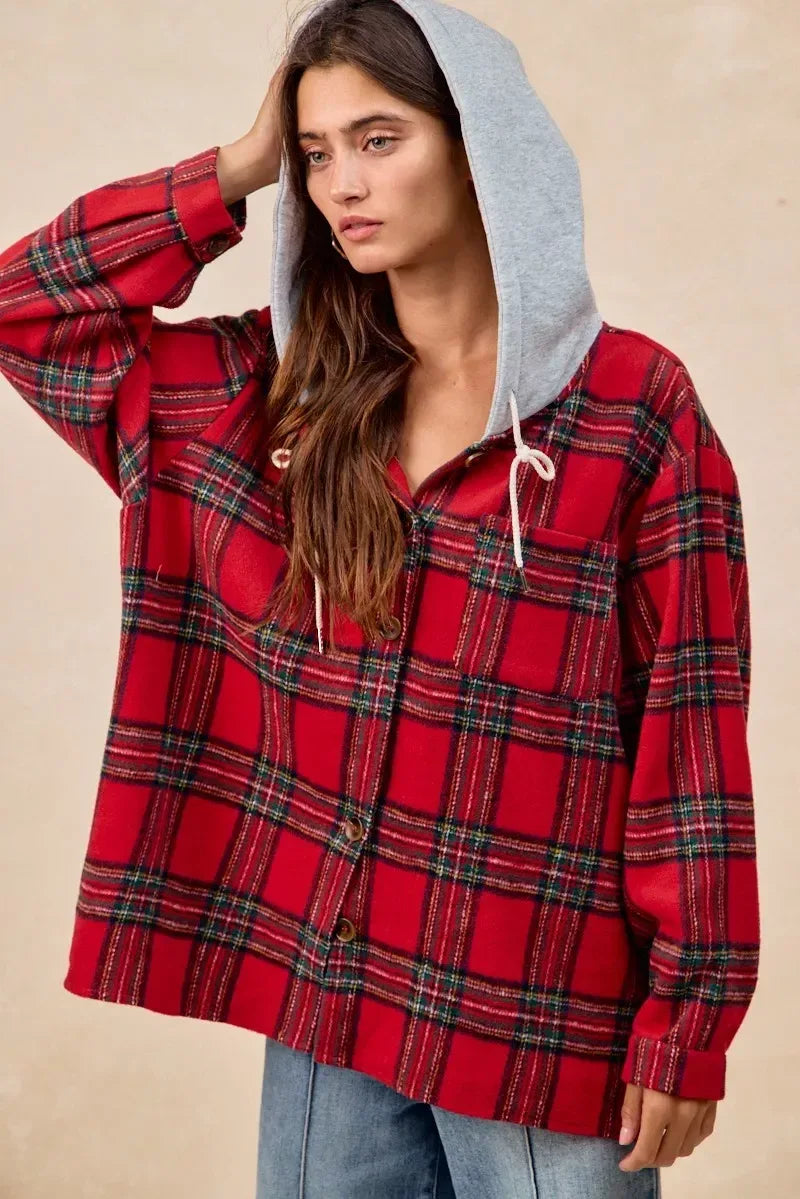 BiBi Brushed Plaid Hooded Jacket - DAVERRI FASHIONS