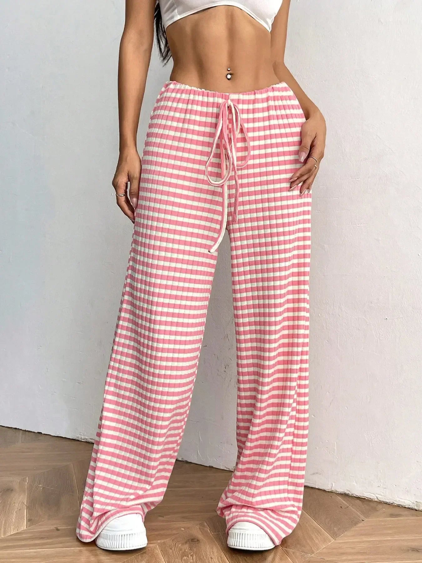 Striped Wide Leg Drawstring Pants - DAVERRI FASHIONS