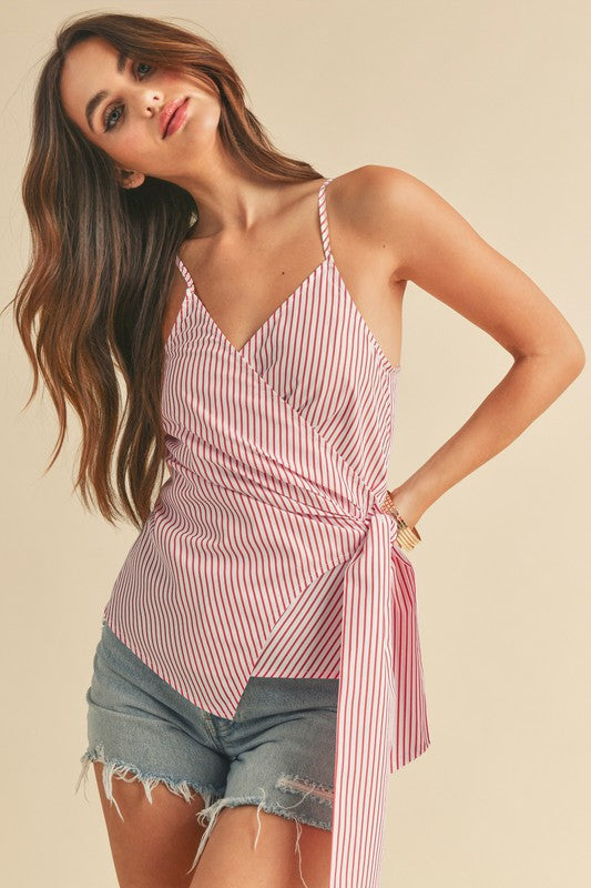 Aemi + Co Side Knotted Surplice Striped Cami Cami Tops