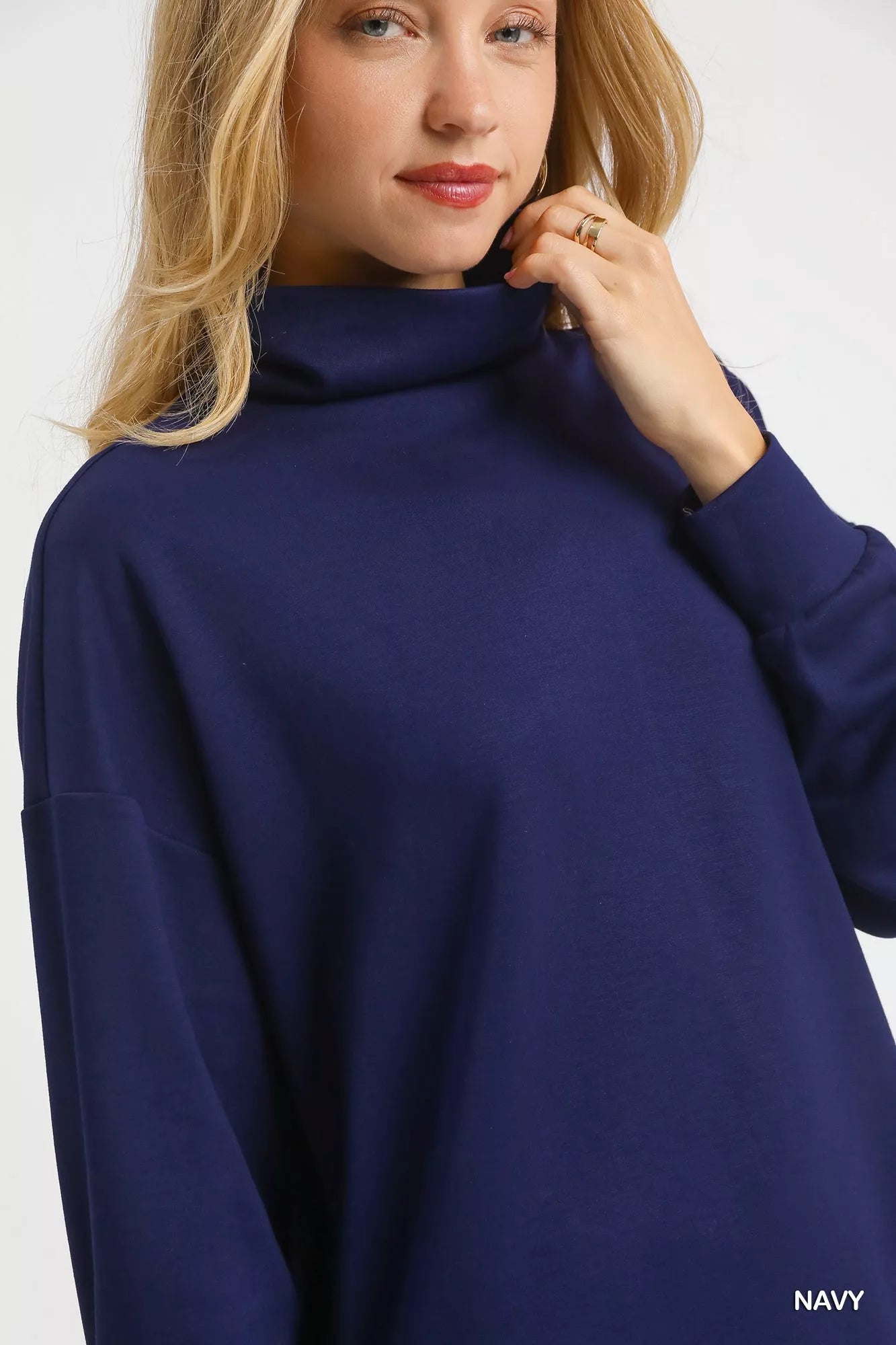 Umgee Turtle Neck Dolman Sleeve Side Slit Sweater with Contrast Detail | Sweaters Daverri Fashions