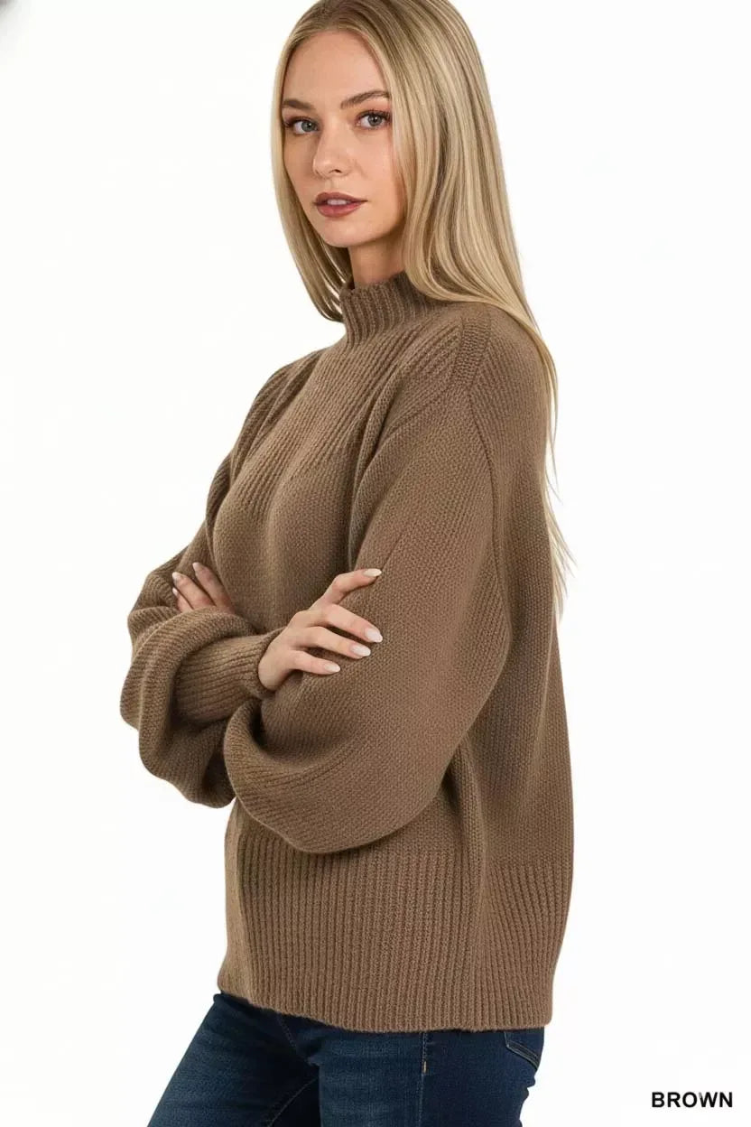 Zenana Brown Balloon Sleeve Mock Neck Sweater - DAVERRI FASHIONS