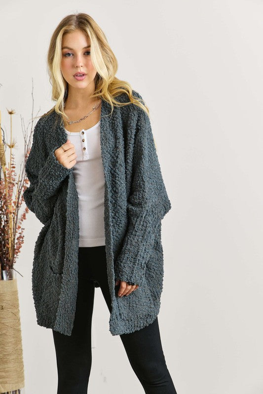 ADORA Popcorn Knit Open Front Long Sleeve Cardigan Tops