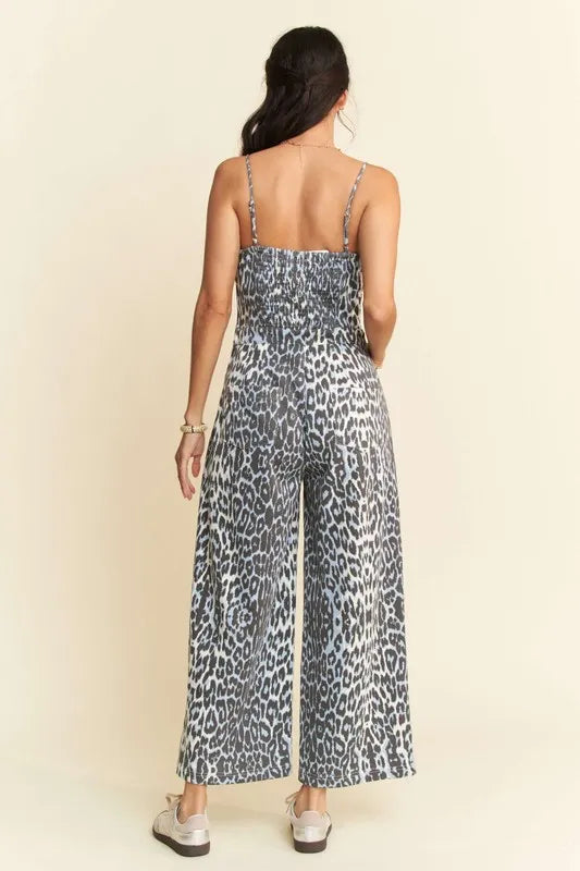 Davi & Dani Leopard Spaghetti Straps Wide Leg Jumpsuit Jumpsuits