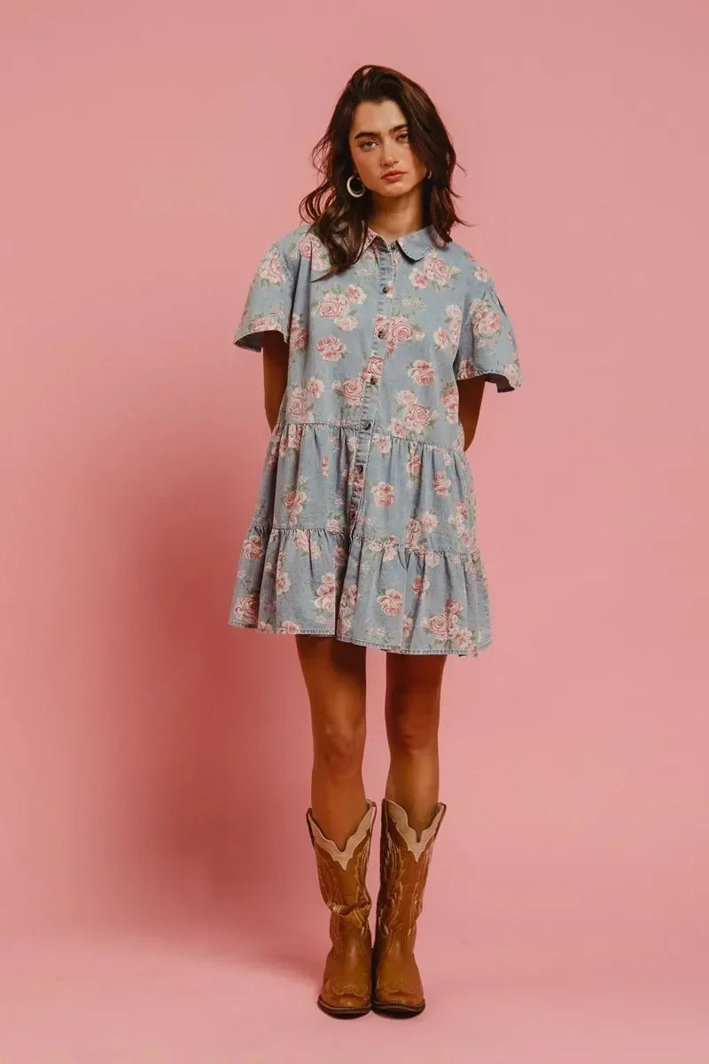 BiBi Floral Print Washed Lightweight Tiered Shirt Dress - DAVERRI FASHIONS