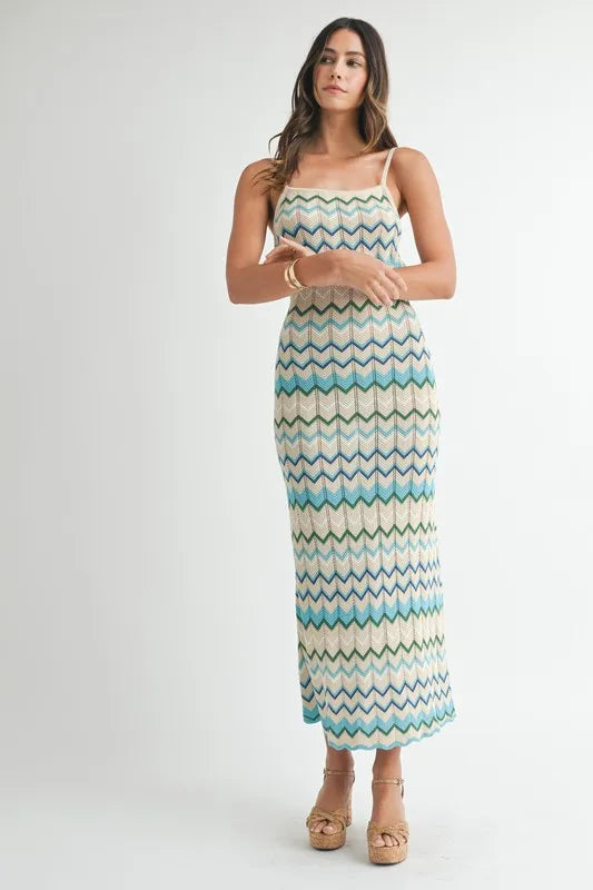 MABLE Lightweight Pointelle Chevron Knit Maxi Dress