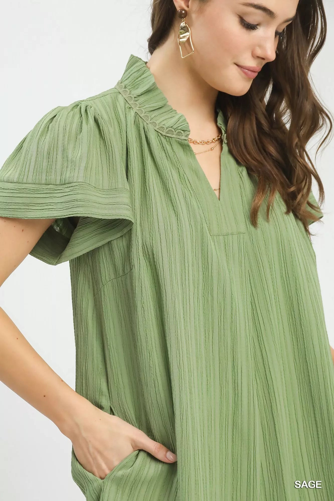 Sage Umgee flutter sleeve V-neck shift dress, ribbed cotton with ruffles and lace collar