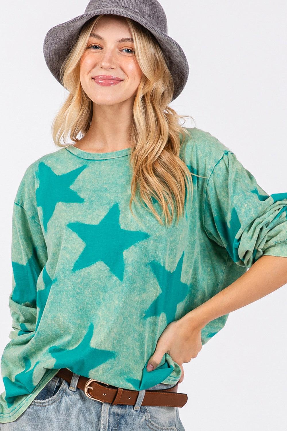 SAGE + FIG Mineral Wash Star Pattern T-Shirt Turquoise M T-Shirts
