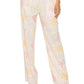 White printed drawstring straight pants with pink yellow seashell pattern