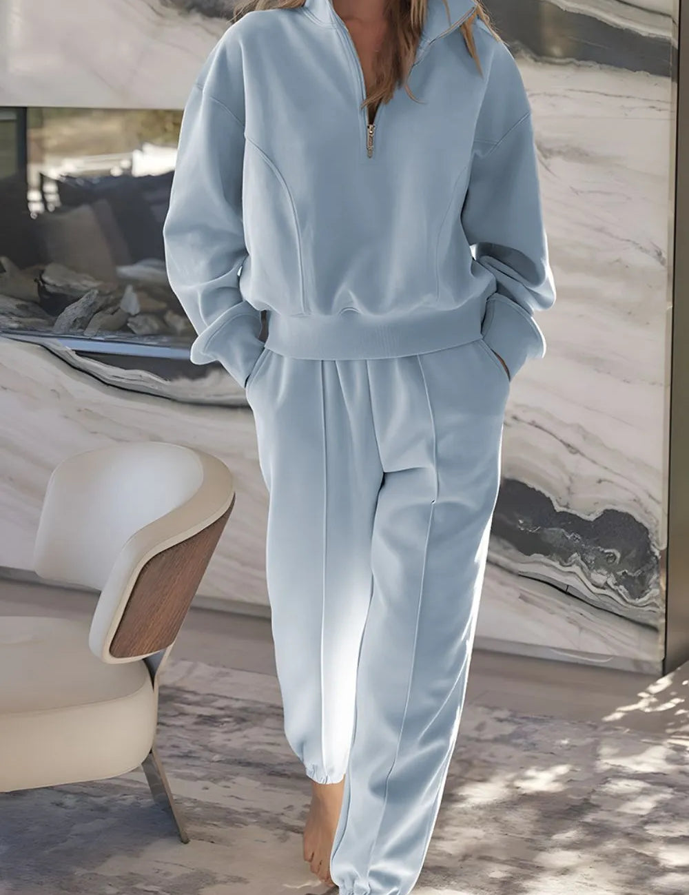 Light Blue Half Zip Long Sleeve Top and Joggers Set | Loungewear Sets Daverri Fashions