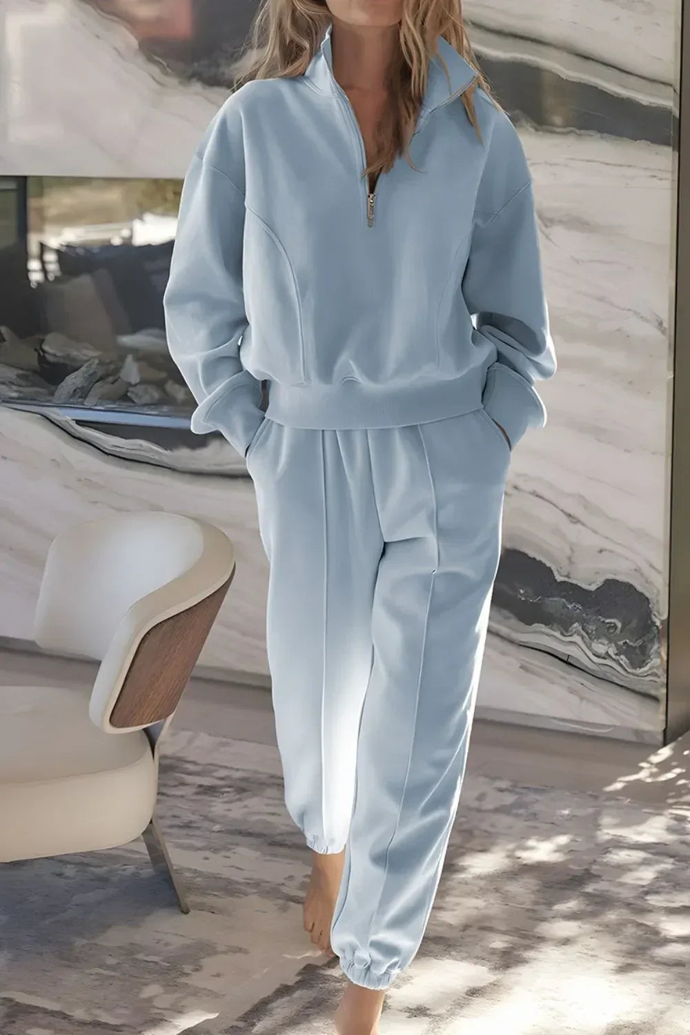 Half Zip Long Sleeve Top and Joggers Set - DAVERRI FASHIONS