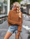 Cozy brown ribbed dropped shoulder round neck long sleeve knit top