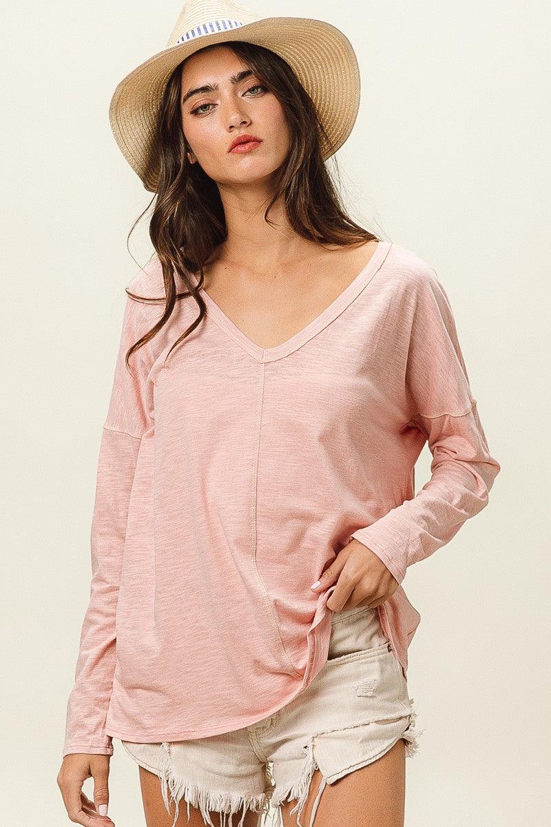 BiBi Exposed Seam V-Neck Long Sleeve T-Shirt T-Shirts