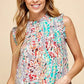 Lime 'N' Chili Full Size Graphic Print Ruffle Trim Mock Neck Sleeveless Top Plus Size