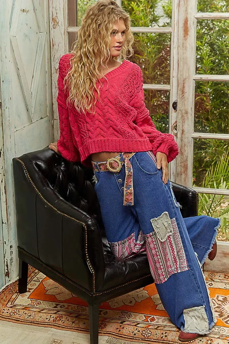 POL Cable-Knit Solid V-Neck Cropped Sweater - DAVERRI FASHIONS