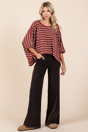 Mittoshop Texture Striped Print Round Neck Dolman Sleeve Top Tops