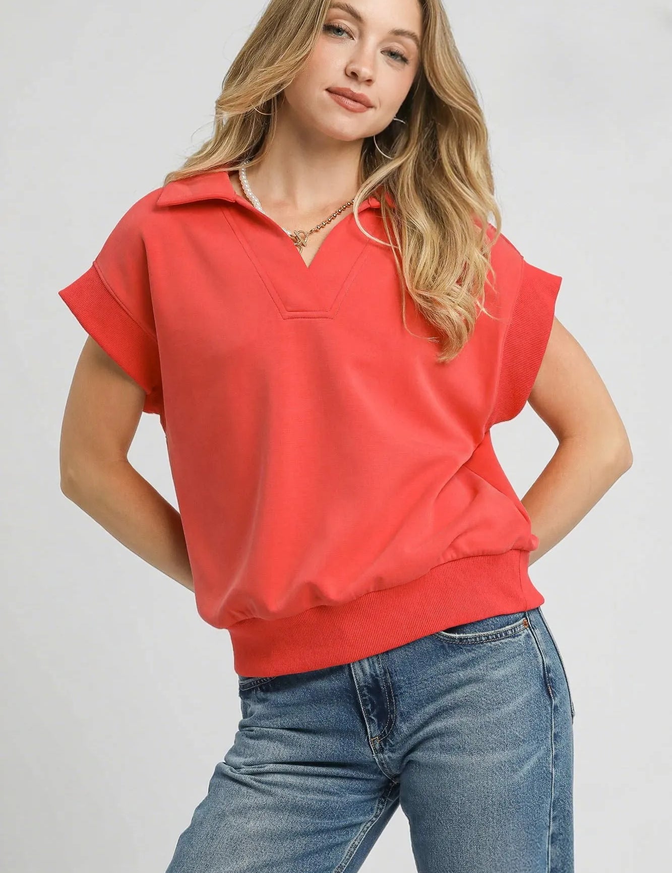 RED CORAL XS Umgee Luxe Knit Collared Short Sleeve Polo Sweatshirt | Sweatshirts Daverri Fashions