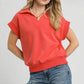 Umgee Luxe Knit Collared Short Sleeve Polo Sweatshirt RED CORAL