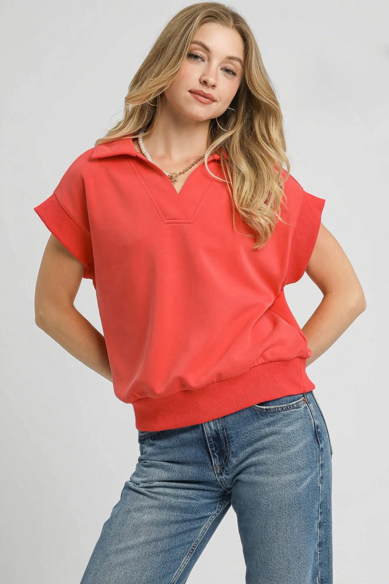 Umgee Luxe Knit Collared Short Sleeve Polo Sweatshirt RED CORAL