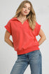 Umgee Luxe Knit Collared Short Sleeve Polo Sweatshirt RED CORAL