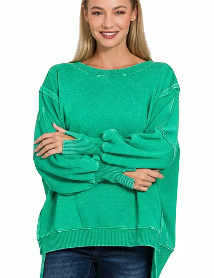 Zenana acid washed batwing sleeve green oversized knit sweatshirt