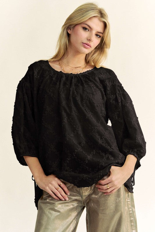 Davi & Dani Tied Round Neck Mesh Blouse Black Tops