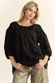 Davi & Dani Tied Round Neck Mesh Blouse Black