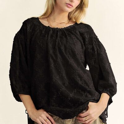 Davi & Dani Tied Round Neck Mesh Blouse Black