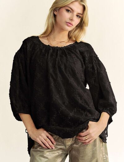 Davi & Dani Tied Round Neck Mesh Blouse Black