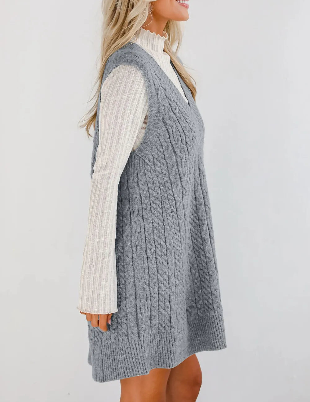Lovelet Cable Knit V-Neck Mini Sweater Overall Dress | Mini Dresses Daverri Fashions