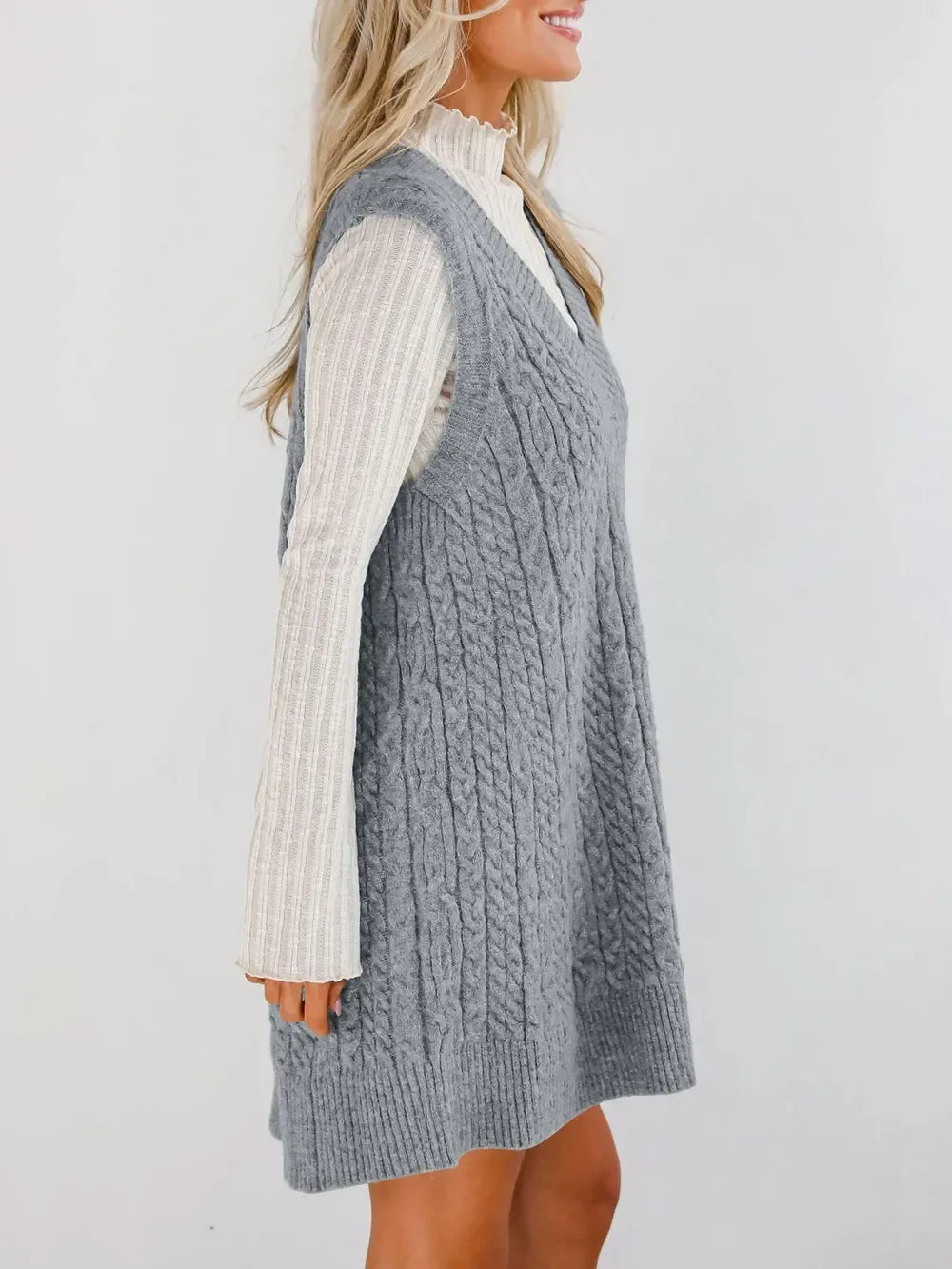 Lovelet Cable Knit V-Neck Mini Sweater Overall Dress - DAVERRI FASHIONS