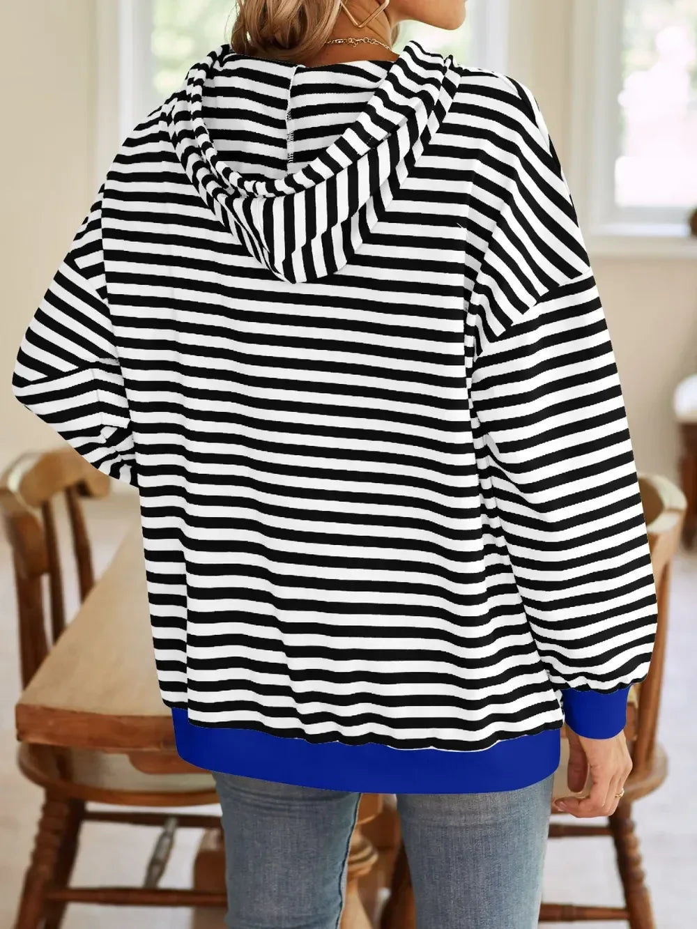 Lovelet Drawstring Striped Long Sleeve Hoodie - DAVERRI FASHIONS