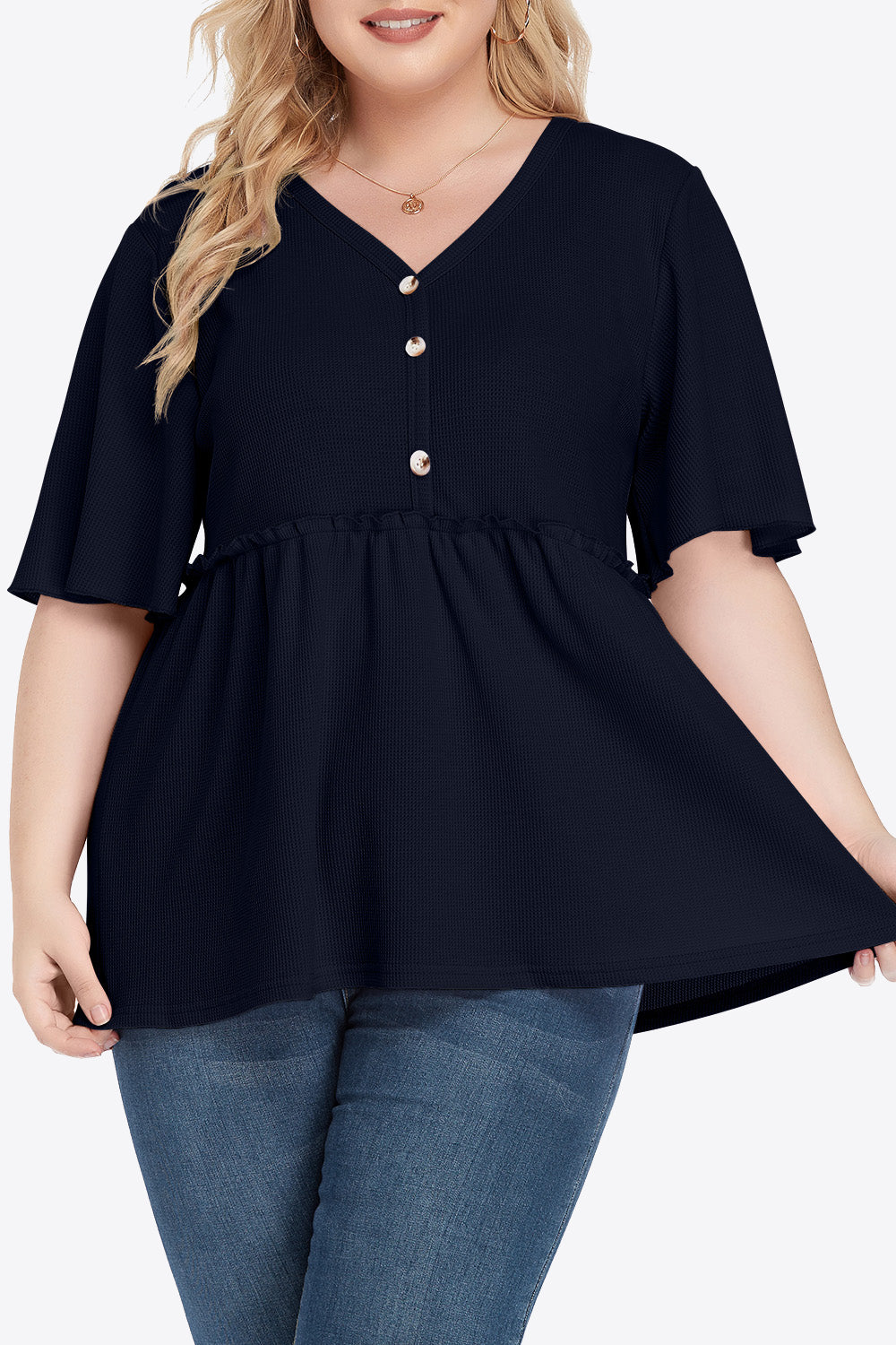 Navy blue plus size V-neck babydoll blouse with bell sleeves