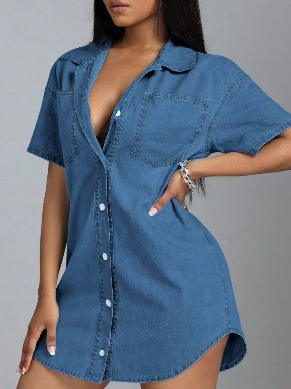 Button Down Collared Neck Denim Dress - DAVERRI FASHIONS