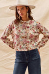 SO ME floral print cream blouse with pink burgundy pattern, long sleeves, button front