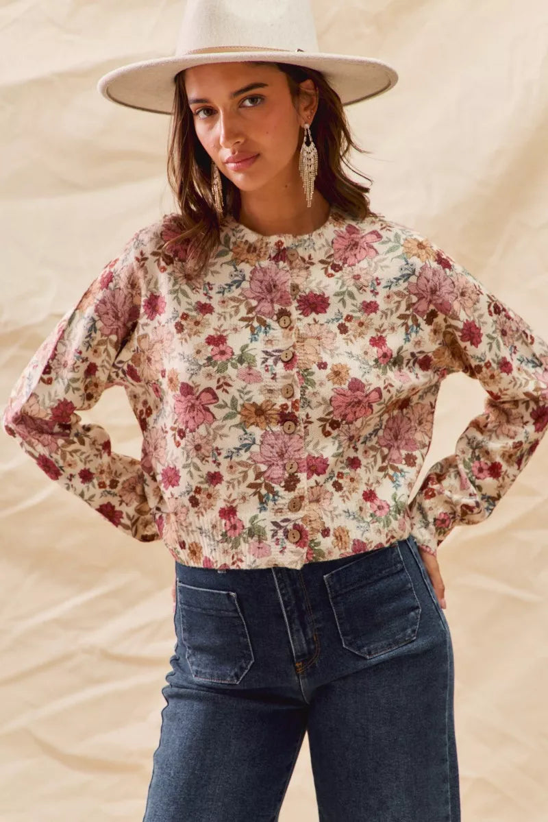 SO ME floral print cream blouse with pink burgundy pattern, long sleeves, button front