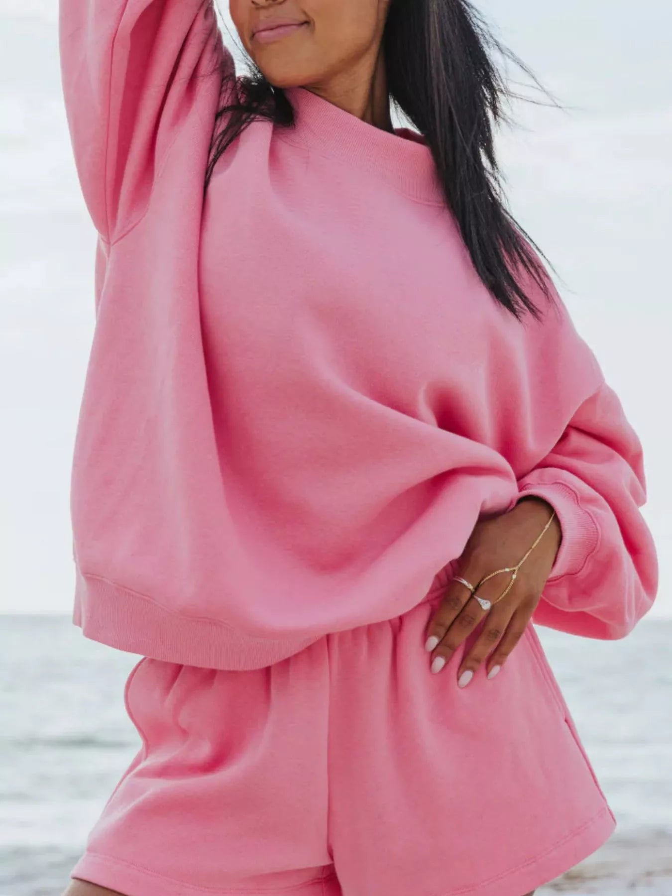 Pastel pink oversized relaxed fit round neck sweatshirt with loose sleeves