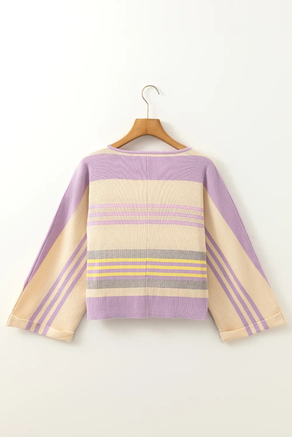Contrast Striped Round Neck Three-Quarter Sleeve Top | Knit Tops Daverri Fashions