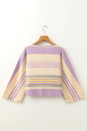 Contrast Striped Round Neck Three-Quarter Sleeve Top | Knit Tops Daverri Fashions