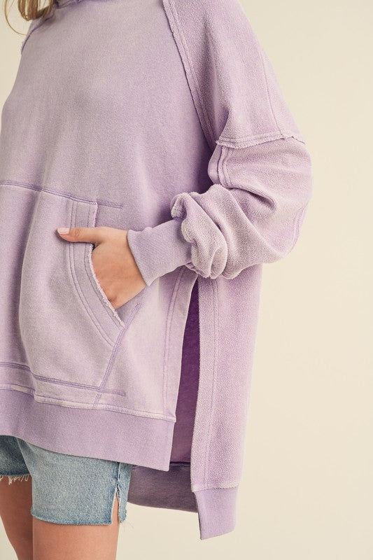 Aemi + Co Exposed Seam Side Slit Hoodie with Kangaroo Pocket Hoodies