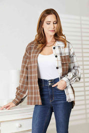 Double Take Plaid Contrast Button Up Shirt Jacket Shackets