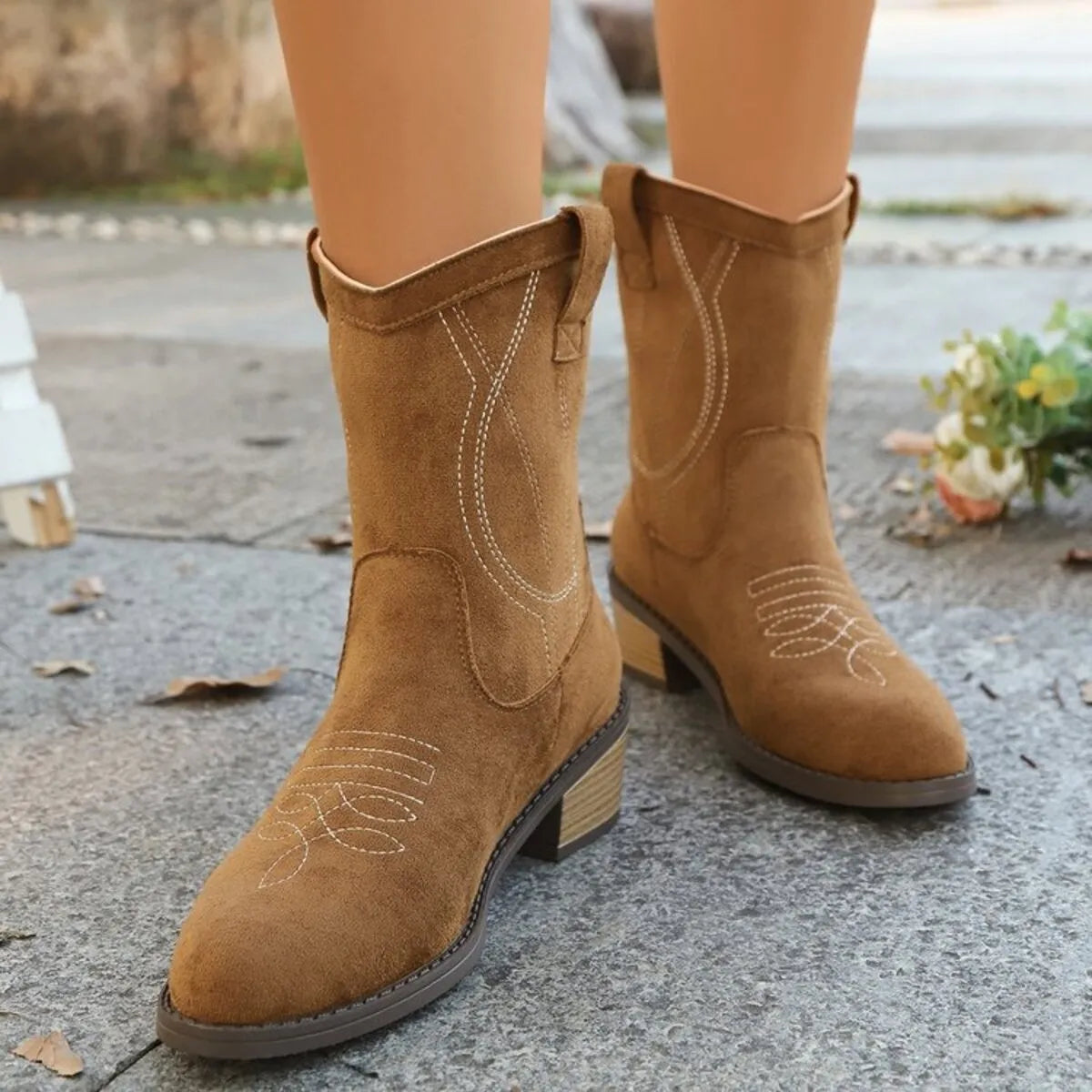 Khaki Suede Block Heel Boots | Boots Daverri Fashions