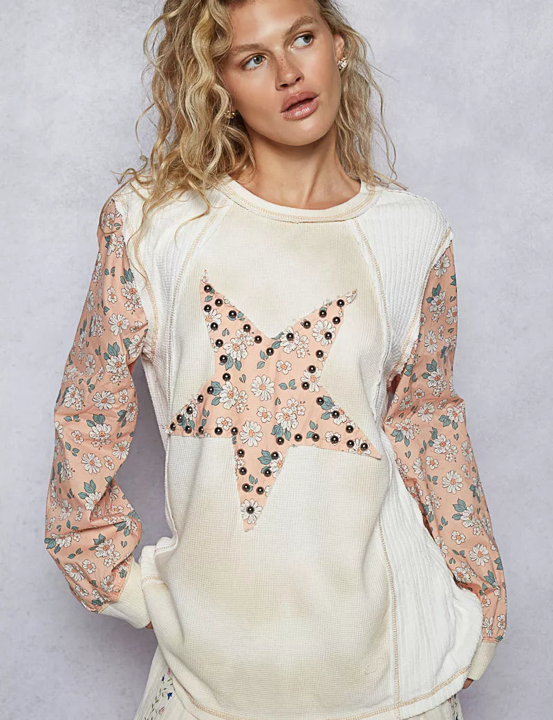 CREAM MULTI POL Exposed Seam Star Patch Thermal Top with Floral Sleeves | Tops Daverri Fashions