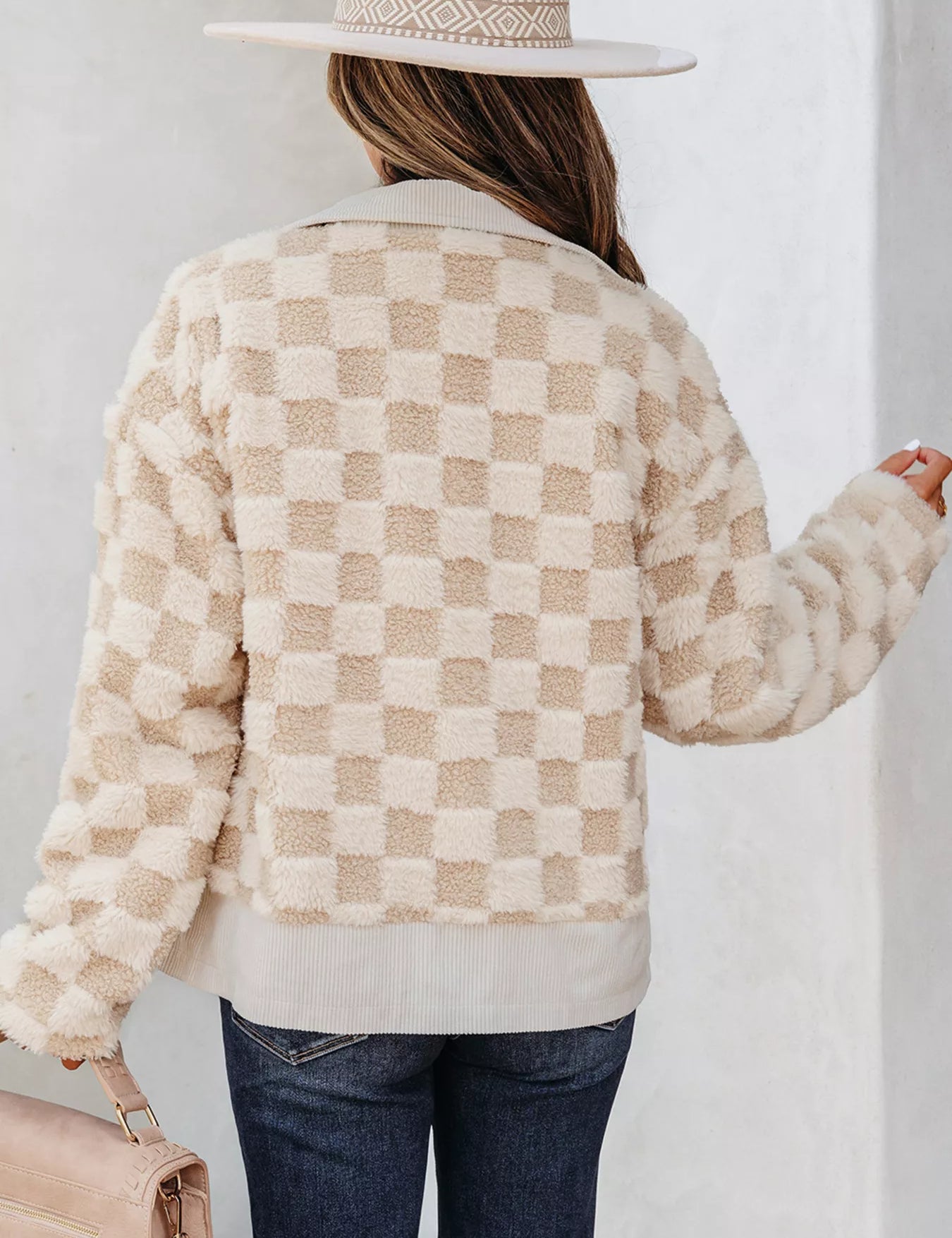 Checker Sherpa Corduroy Patchwork Zip Up Jacket | Jackets Daverri Fashions