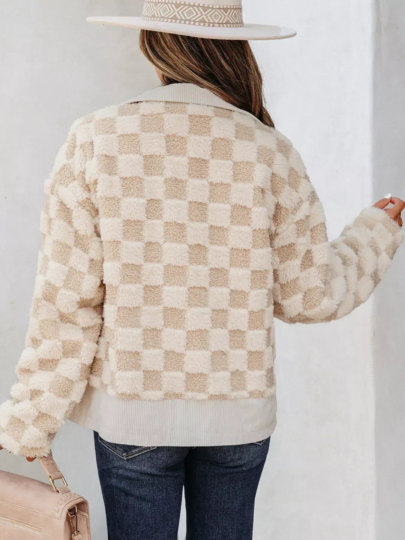 Checker Sherpa Corduroy Patchwork Zip Up Jacket - DAVERRI FASHIONS