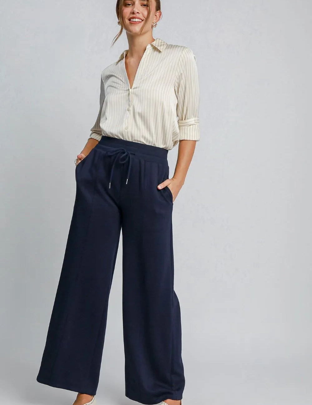 Midnight Umgee Drawstring Wide Leg Pants with Pockets | Pants Daverri Fashions