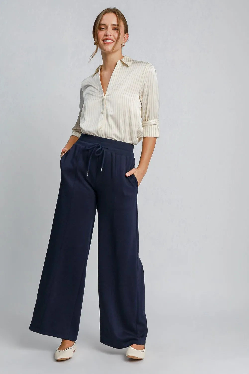 Umgee Drawstring Wide Leg Pants with Pockets Midnight Pants