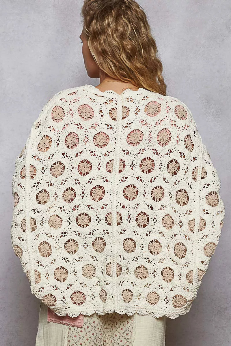 POL Openwork V-Neck Chenille Cardigan with Contrast Floral | Cardigans Daverri Fashions