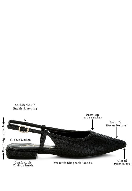 Black woven faux leather slingback sandals with pointed toe and pin buckle