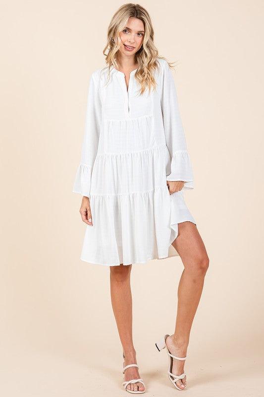 Mittoshop Tiered Notched Flare Sleeve Dress - DAVERRI FASHIONS